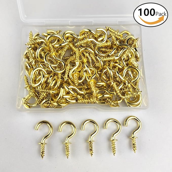 Set of 100 Nickel Plated Metallic Golden Cup Hooks Small Hooks, 1/2 Inch Delicate Size, Threaded Ceiling Hooks, Plant Hooks, Kitchen, and More Multi-Purpose in One.