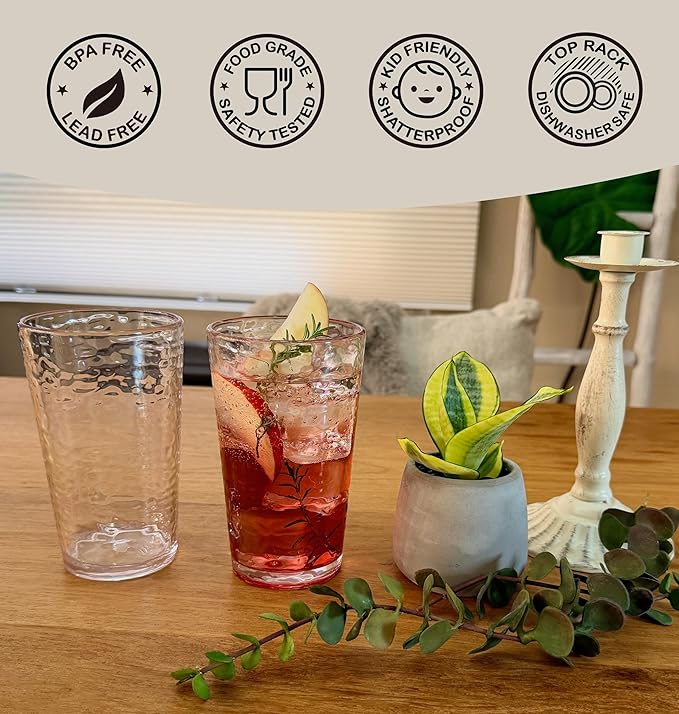 KLIFA- NICE- 20 ounce, Set of 6, Acrylic Highball Drinking Glasses, BPA-Free, Stackable Plastic Drinkware, Dishwasher Safe Cups, Clear