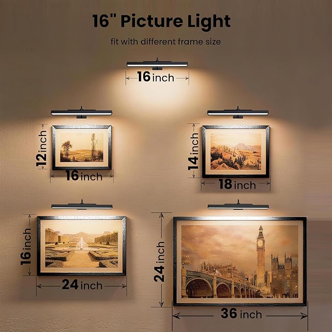 2Pack Picture Light, 13Hrs Lasting Battery Operated Picture Lights for Paintings,16in Remote Control Display Art Light with Timer for Wall Painting, Frame, Portrait, Display,Artwork,Gallery- Black