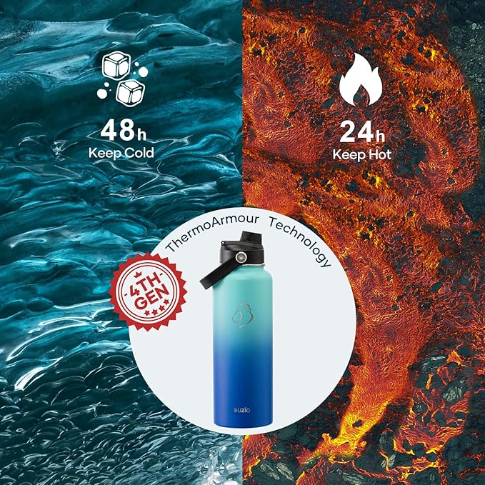 BUZIO Water Bottle Insulated 40oz, Triple Wall Vacuum Stainless Steel Flask (Cold for 48 Hrs), Leakproof BPA-Free Wide Mouth Metal Jug Hydro Canteen with 2 Lids, Sea Breeze