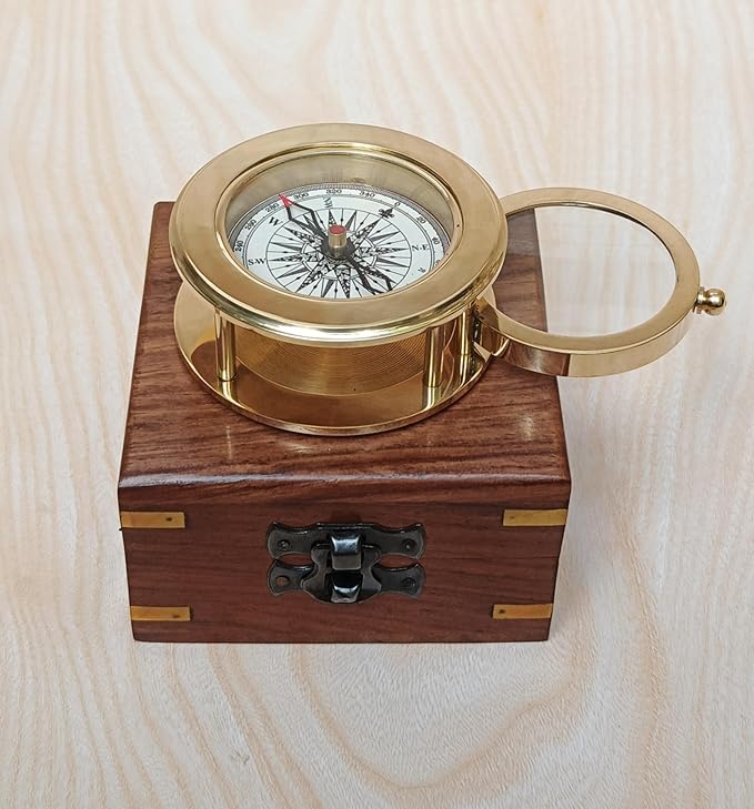 Vintage Brass Compass with Wooden Box – Antique Navigation Compass for Hiking, Camping, Gifts & Home Decor – Classic Map Reading Compass for Men
