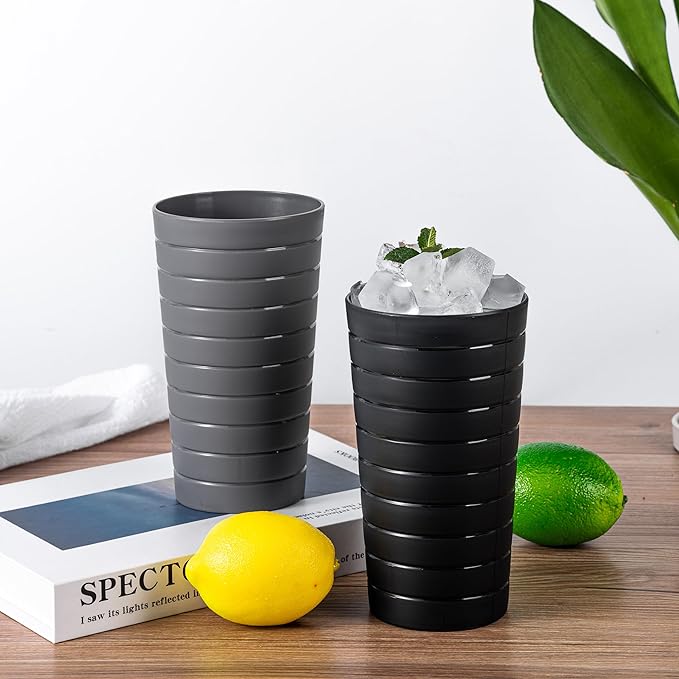 KX-WARE Mixed Drinkware 22-ounce Plastic Tumblers/Drinking Glasses/Party Cups/Iced Tea Glasses Set of 12 Dark Grey | Unbreakable, Dishwasher Safe, BPA Free