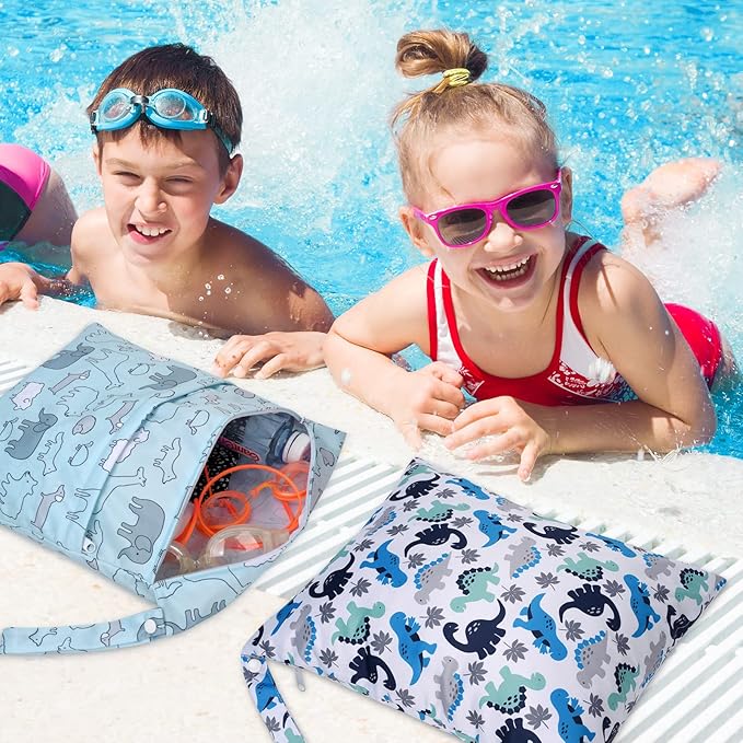 Waterproof Wet Dry Bag 2-Pack - Beach Swimming Travel Organizer for Baby Cloth Diapers, Swimwear & Gym Clothes, Leak-Proof with Dual Zippers-Cute Animal,Dinosaur