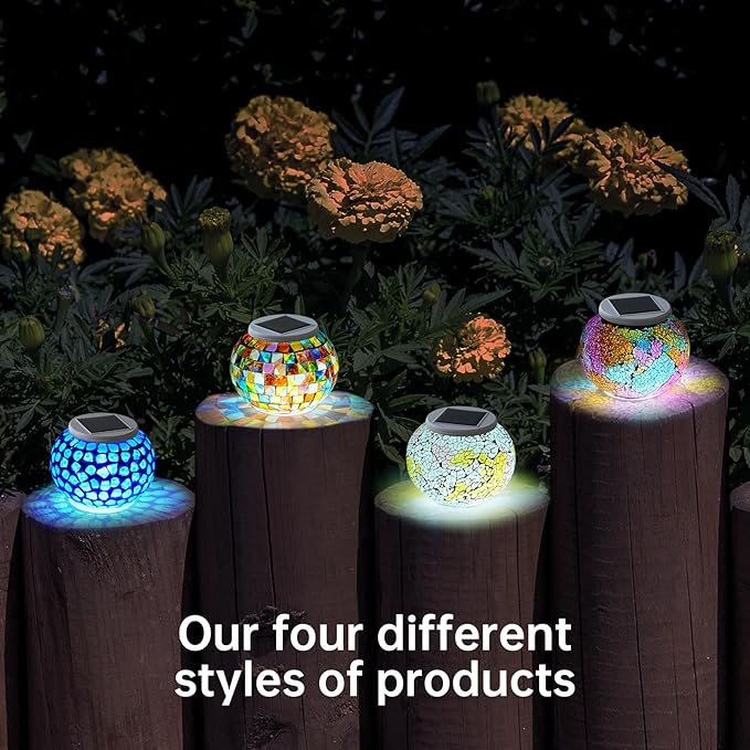 WSgift Color Changing Solar Powered Glass Mosaic Ball Led Garden Lights Rechargeable Outdoor Waterproof Solar Night Lights Table Lamps for Decorations Blue