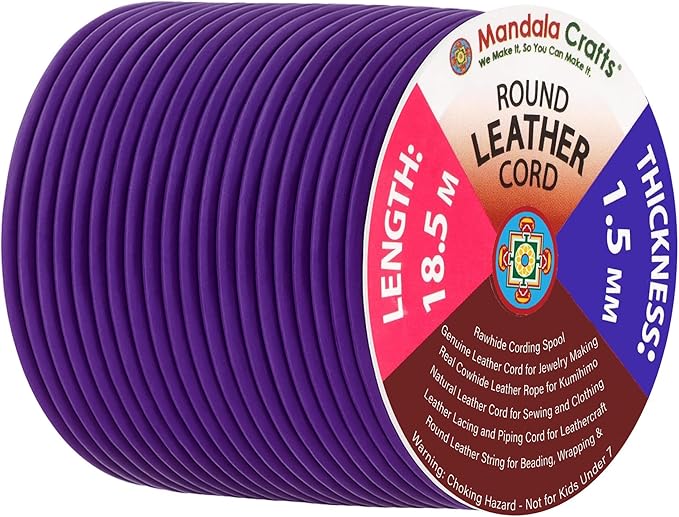 Mandala Crafts Round Genuine Purple Leather Cord for Jewelry Making – 1.5mm Cowhide Leather Rope String Lace for Kumihimo – 20 Yards Cowhide Craft Cording Spool