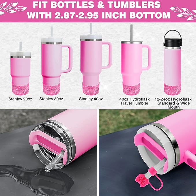9PCS Hot Pink for Stanley Cup Accessories Set Bling Initials Bow Charms for Stanley Decorations 30/40 Oz Tumbler Accessories Including Bow Straw Topper, Handle Strap, Spill Stopper（Letter A）