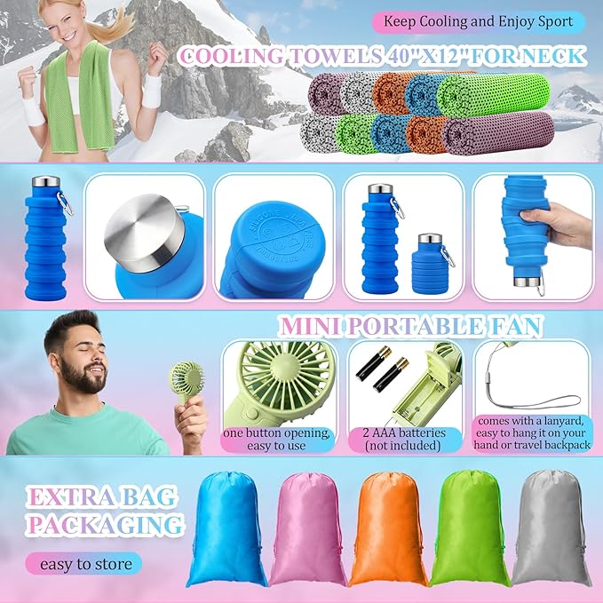 10 Set Theme Park Necessities Cruise Ship Accessory Kit Collapsible Water Bottle Cooling Towel Fan Drawstring Bag for Summer Amusement Park Outdoor Team Travel Cruise Gifts Fitness Sport Favor