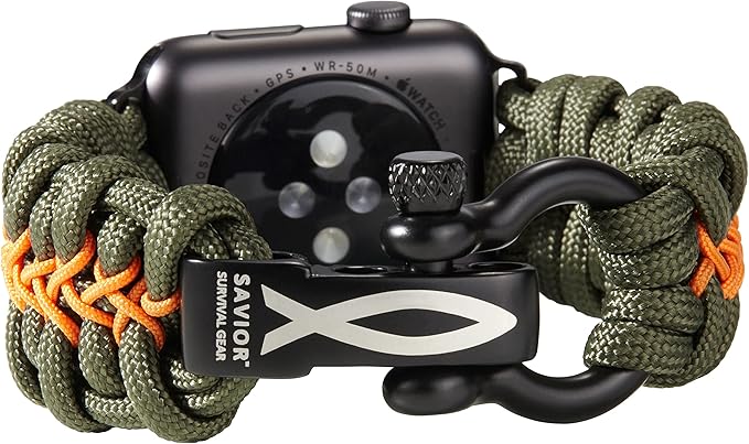 Savior Survival Gear Paracord Watch Band, Compatible with Apple Watch Band 49mm 46mm 45mm 44mm 42mm,iWatch Band Series Ultra 10 9 8 7 6 5 4 3 2 1 SE,Adjustable strap for men ( Green - Orange, X-Large)