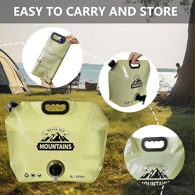 Collapsible 8L Water Storage Bag, BPA-Free Portable Folding Water Jug with Adjustable Faucet, Leakproof Emergency Water Bag for Camping, Hiking, Riding, Outdoor Sport, Beige