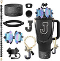 9PCS Black for Stanley Cup Accessories Set Bling Initials Bow Charms for Stanley Decorations 30/40 Oz Tumbler Accessories Including Bow Straw Topper, Handle Strap, Spill Stopper（Letter J）