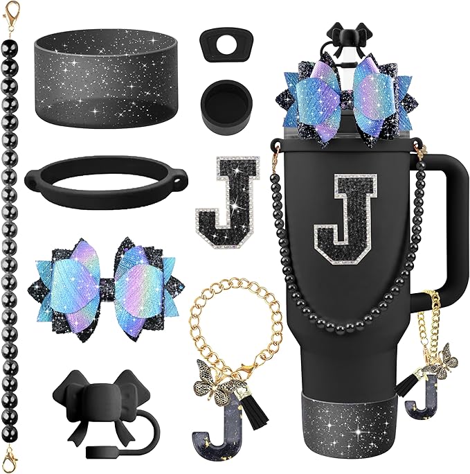 9PCS Black for Stanley Cup Accessories Set Bling Initials Bow Charms for Stanley Decorations 30/40 Oz Tumbler Accessories Including Bow Straw Topper, Handle Strap, Spill Stopper（Letter J）