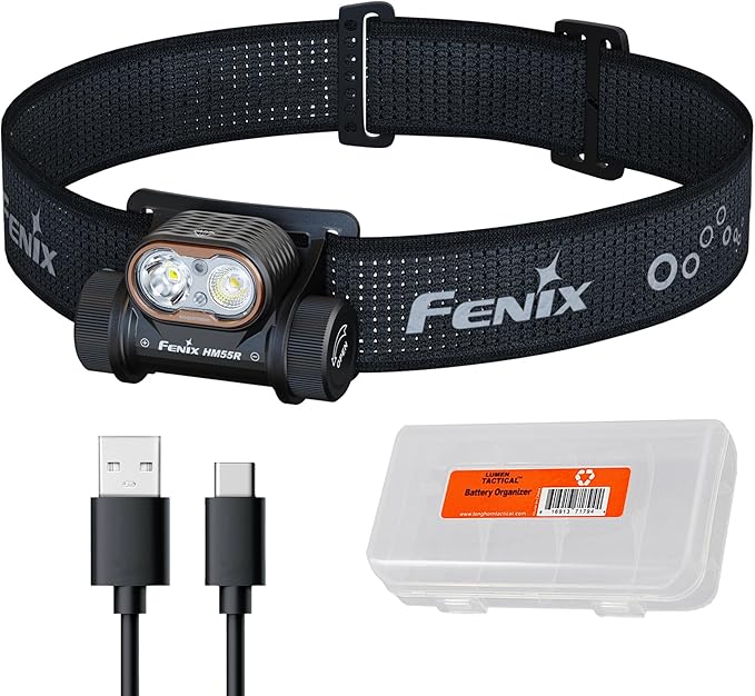 Fenix HM55R Rechargeable Headlamp, 1200 Lumen Spotlight Floodlight & Red Light, Lightweight, Long Runtime, USB-C Charging, Waterproof for Camping, Hiking, Running with Lumentac Organizer (Black)