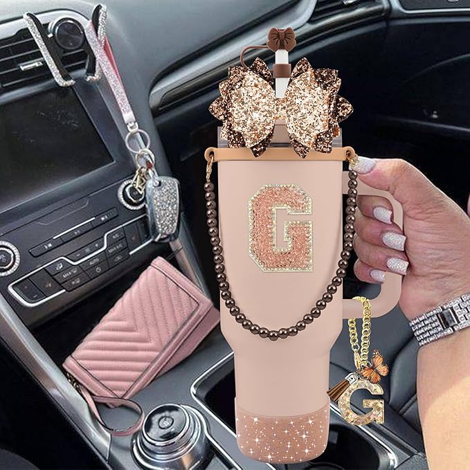 9PCS Brown for Stanley Cup Accessories Set Bling Initials Bow Charms for Stanley Decorations 30/40 Oz Tumbler Accessories Including Bow Straw Topper, Handle Strap, Spill Stopper（Letter G）