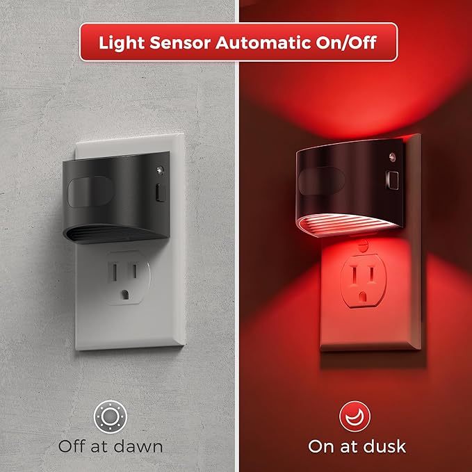 L LOHAS LED Night Light with Motion Sensor & Dusk to Dawn Sensor, Night Lights Plug into Wall with 30-100lm Adjustable Brightness, Dimmable Night Light for Bathroom Hallway, Red, 4 Pack