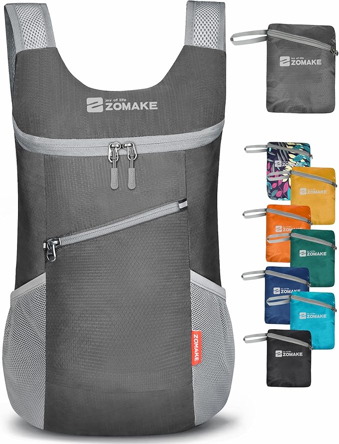 ZOMAKE Lightweight Packable Backpack,Foldable Backpacks Small Daypack for Hiking Water Resistant Day Bag for Travel(14L,Medium Grey)