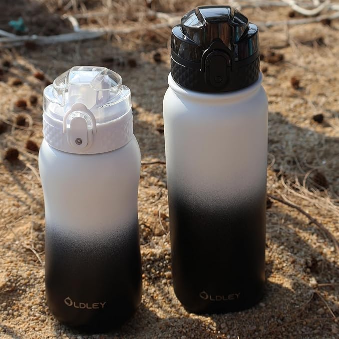Oldley Insulated Water Bottle 20oz Water Bottles with Straw, Stainless Steel Water Bottle with 3 Lids, Double Wall Vacuum Thermo for Adults Kids,Leak-Proof Sport Bottles for School Travel, White Black