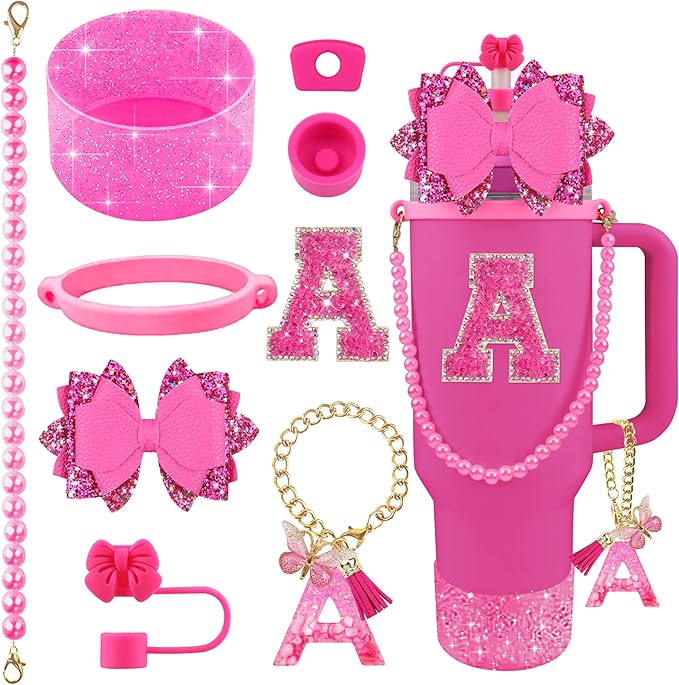 9PCS Hot Pink for Stanley Cup Accessories Set Bling Initials Bow Charms for Stanley Decorations 30/40 Oz Tumbler Accessories Including Bow Straw Topper, Handle Strap, Spill Stopper（Letter A）