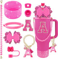 9PCS Hot Pink for Stanley Cup Accessories Set Bling Initials Bow Charms for Stanley Decorations 30/40 Oz Tumbler Accessories Including Bow Straw Topper, Handle Strap, Spill Stopper（Letter A）