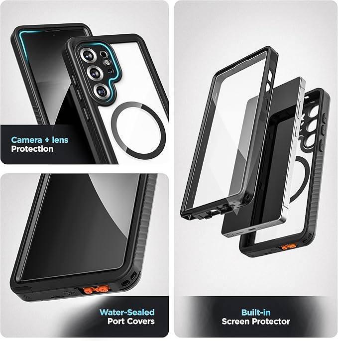 ENCASED Waterproof Case Designed for Samsung Galaxy S25 (IP68) Full Body Protective Phone Case with Screen Protector Built-in (Clear/Black) (S25 Ultra)