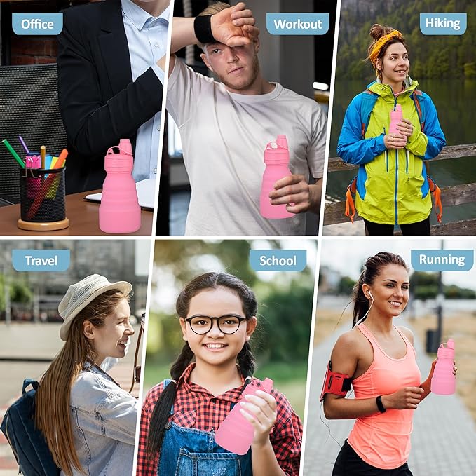 Collapsible Water Bottles 17oz, Odorless BPA-Free Silicone, Leak-Proof Foldable Reusable Bottle - Perfect for Travel Sports Gym Hiking Camping Cycling - Water Pink