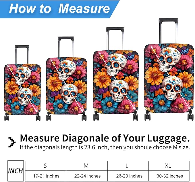Luggage Cover Protector for 30-32 Inch Suitcases, TSA Approved Elastic Travel Suitcase Covers, Anti-Scratch Washable Luggage Sleeve for Carry On & Checked Bags, Sugar Skulls