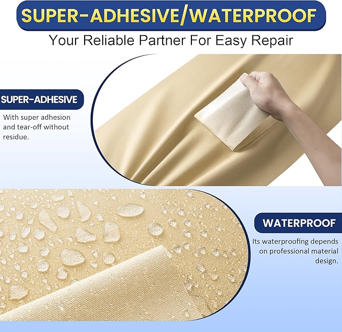 Self-Adhesive Canvas Repair Tape, 4" x 79" Waterproof Canvas Repair Patch, Fabric Patch Repairs Kit for Furniture, Tents, Sunbrellas, Boat Covers Awnings, Couches, Clothes, Bags Beige-Yellow