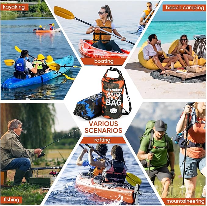 Waterproof Dry Bag 5L/10L/15L/20L/30L Roll Top Dry Storage Backpack with Phone Case, Collapsible Water Bottle, Sunglasses, Ear Band for Kayaking Boating Swimming Fishing Camping, Orange 30L
