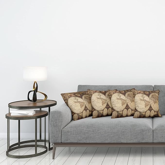 Ambesonne World Map Throw Pillow Cushion Case Pack of 4, Old World Map Drawn in 1720s Nostalgic Style Art Historical Atlas Vintage Design, Modern Accent Double-Sided Digital Printing, 18", Beige Brown