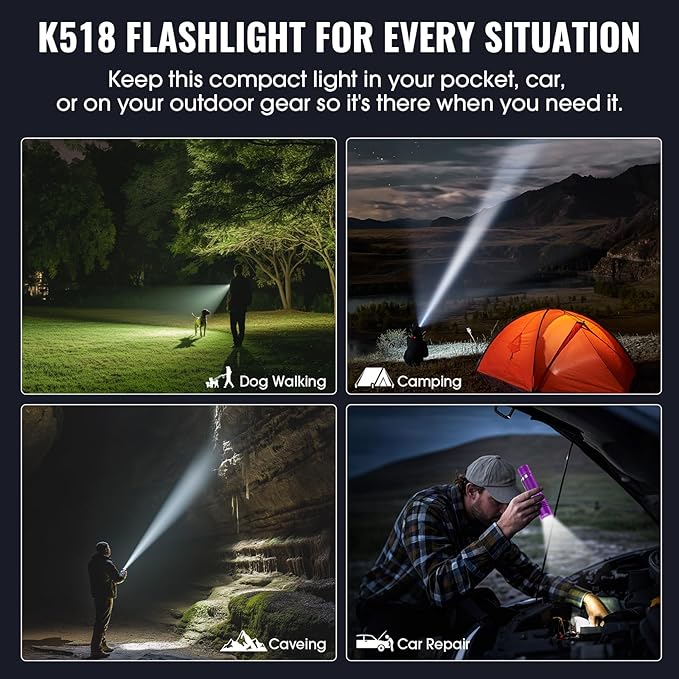 Rechargeable Tactical Flashlights, High Lumens Small Mini USB-C LED Flashlight, Compact EDC Flash Light, 4 Modes&Memory Function, Waterproof Pocket Lights for Home,Camping,Emergency (2, Purple)