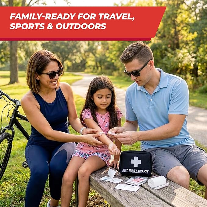 M2 BASICS Compact First Aid Kit, 150 Pieces, Portable Emergency Kit with Carry Bag and Carabiner for Travel, Car, Hiking, Purse