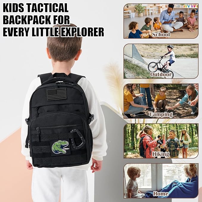 Kids Tactical Backpack Army Molle Bookbag Military Boys Backpack for School, Outdoor, Camping (Includes 2 Patches +1 Carabiner), Black