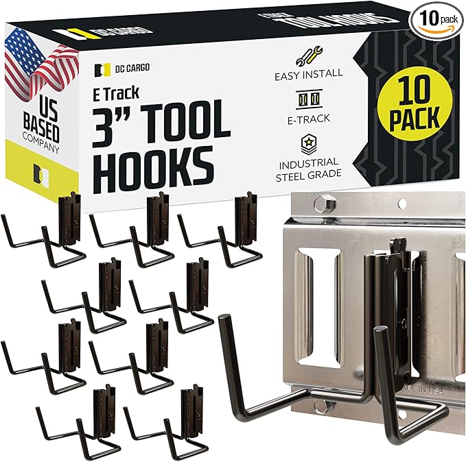 DC Cargo Mall Dual Arm Tool Hook Hanger E Track Accessories 3" Deep (10 Pack) - Garage Wall Mount, Truck, Enclosed Trailer, Storage ETrack System