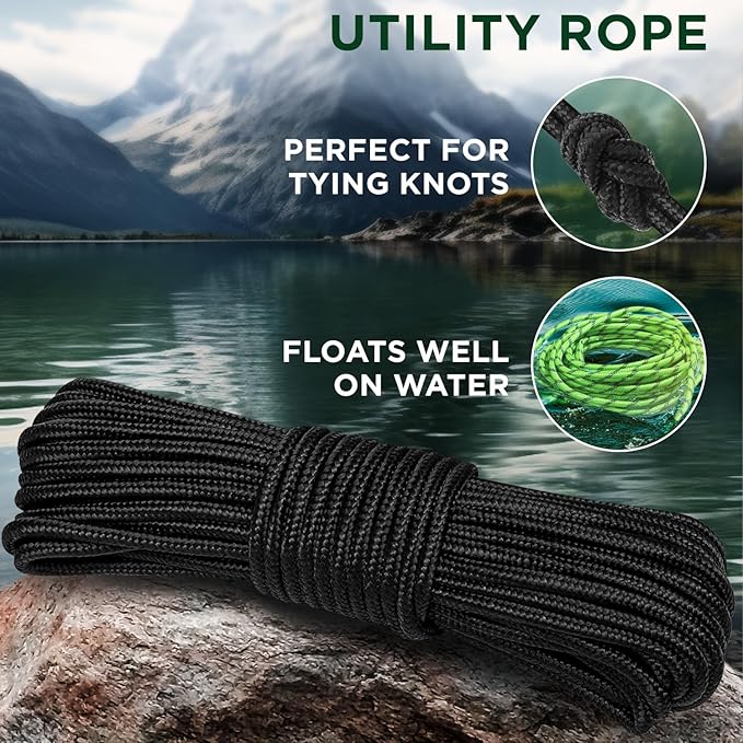 TECEUM Rope – 90 Feet x 3/8 Inch (10mm) – Black – Strong All-Purpose Utility Rope – Camping, Crafting, Flag Pole, Indoor & Outdoor – Polypropylene Nylon Poly Lightweight Diamond Braided Cord