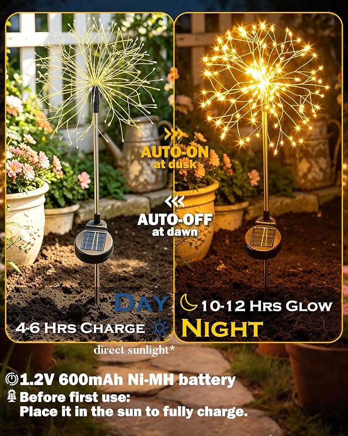 Solar Garden Lights Outdoor Yard Decorations, 2 Pack 150Leds Pathway Lights Stake, Fairy Firework Light for Garden, Patio, Pathway, Flowerbed Gold Color