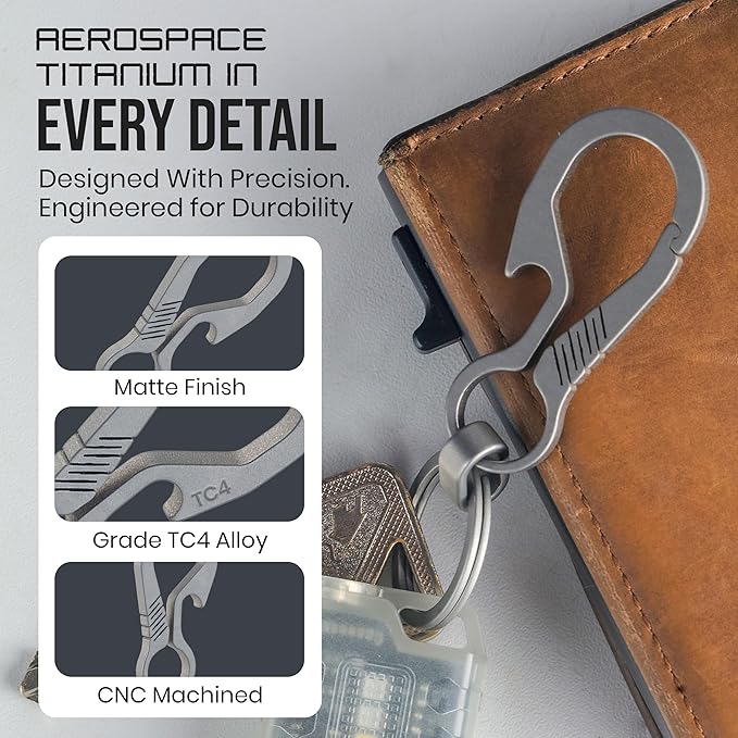 Titanium Carabiner Keychain Hook – Ultra-Light and Strong 2-Pack EDC Carabiner Clips – Aerospace Titanium Carabiner with Bottle Opener – No-Snag No-Hinge Single Body Design