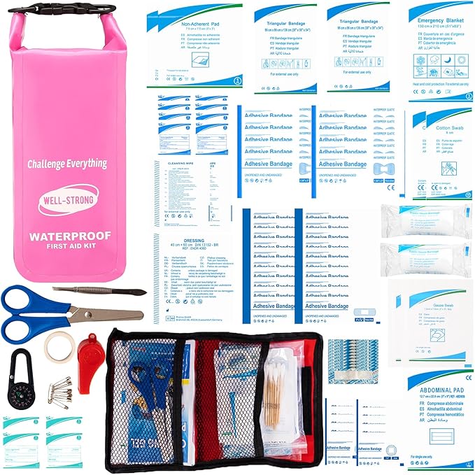 Boat First Aid Kit Waterproof, WELL-STRONG Marine Emergency Kit with Roll Top Dry Bag for Boating Fishing Kayaking – Water-Resistant Contents for Camping & Beach（Pink）