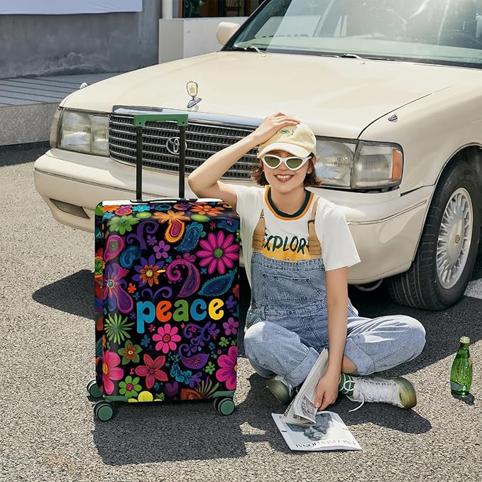 ANNA QUEEN Peace Flowers Travel Luggage Cover -Spring Stretchable Airplane Suitcase Protector Sleeve,Universal Washable Fit for 28-30 Inch Checked Baggage,Water Resistant Durable Luggage Protector