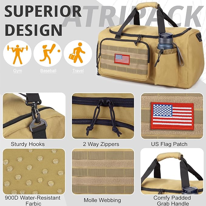 Tactical Gym Bag for Men, 60L Large Capacity Duffle Bags with Shoes Compartment, Sports Bag with wet compartment, Multi-functional Weekend Bags Suitable for Travel, Camping,hiking
