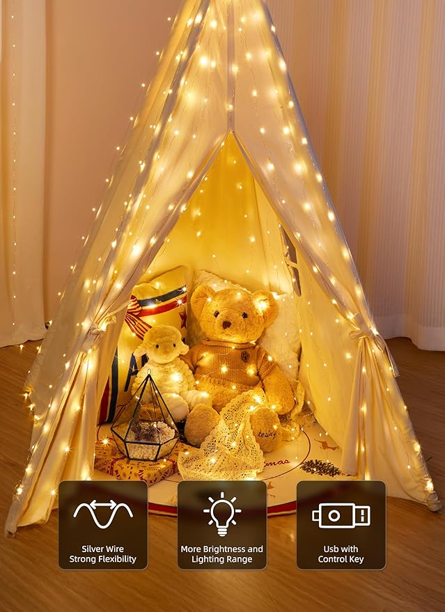 Brightown 300 LED Fairy Curtain Lights, 9.8ft x 9.8ft String Lights, USB Plug in 8 Lighting Modes Christmas String Hanging Lights with Remote for Bedroom Indoor Outdoor Party Xmas Warm White 2 Pack