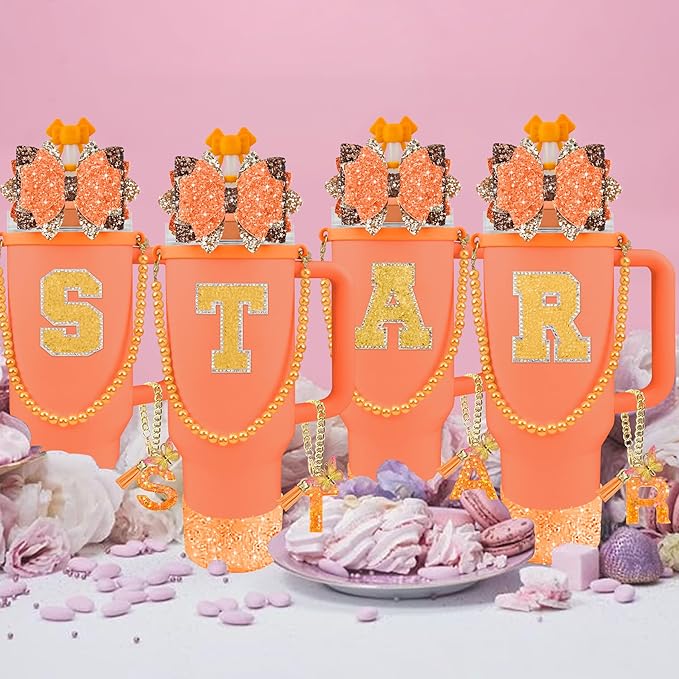 9PCS Orange for Stanley Cup Accessories Set Bling Initials Bow Charms for Stanley Decorations 30/40 Oz Tumbler Accessories Including Bow Straw Topper, Handle Strap, Spill Stopper（Letter K）
