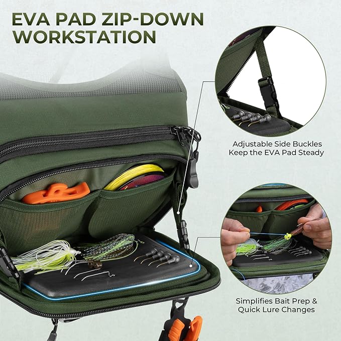 KastKing Bait Boss Water-Resistant Fishing Chest Pack With EVA Zip-Down Workstation, MOLLE Storage, Adjustable Chest Straps