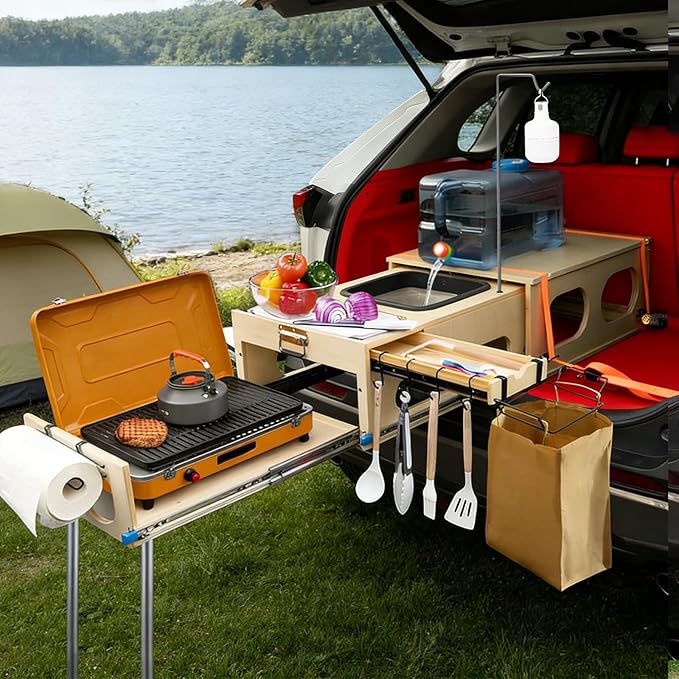 Wooden Overland Camping Slide-Out Kitchen with Drawer, Left Side, for SUV/Storage Space, for 2 Burners Stove, Folding Design