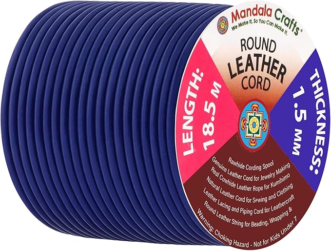 Mandala Crafts Round Genuine Navy Blue Leather Cord for Jewelry Making – 1.5mm Cowhide Leather Rope String Lace for Kumihimo – 20 Yards Cowhide Craft Cording Spool