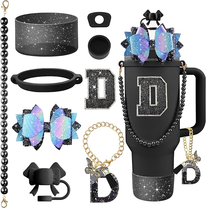 9PCS Black for Stanley Cup Accessories Set Bling Initials Bow Charms for Stanley Decorations 30/40 Oz Tumbler Accessories Including Bow Straw Topper, Handle Strap, Spill Stopper（Letter D）