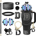 9PCS Black for Stanley Cup Accessories Set Bling Initials Bow Charms for Stanley Decorations 30/40 Oz Tumbler Accessories Including Bow Straw Topper, Handle Strap, Spill Stopper（Letter D）