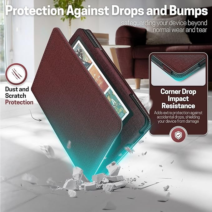 TNP Stand Case with Strap for Kindle Paperwhite 12th Gen 2024 / Kindle Colorsoft Signature Edition - 7" PU Leather Protective Folio Cover with Auto Wake/Sleep & Card Slot, Dark Red