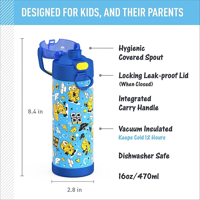 THERMOS FUNTAINER 16 Ounce Stainless Steel Vacuum Insulated Bottle with Wide Spout Lid, Minions