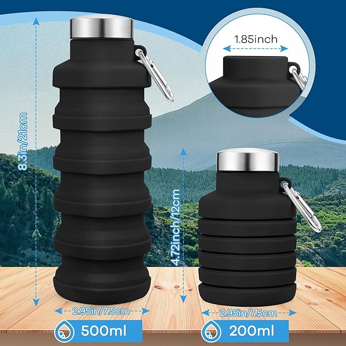 Collapsible Water Bottles 17oz, Portable Leak-Proof Travel Water Bottle, Reusable BPA Free Silicone Foldable Water Bottle with Carabiner for Gym, Traveling, Camping, Hiking, Sports-Black