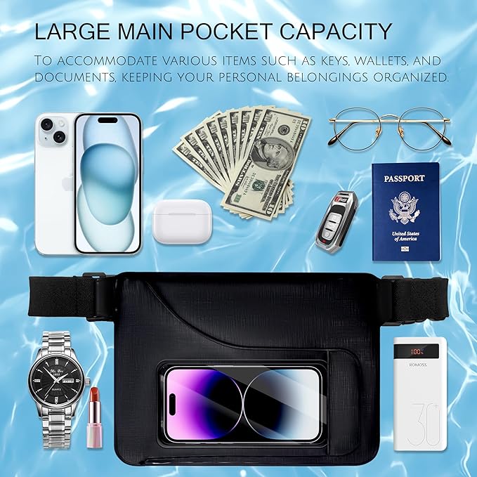 Waterproof bag Fanny Pack with Phone Case, Water proof Phone Pouch Dry Bag Keep Valuables Safe for iPhone Samsung, Adjustable Waist Strap and Screen Touch Sensitive for Swimming Boating Beach Fishing