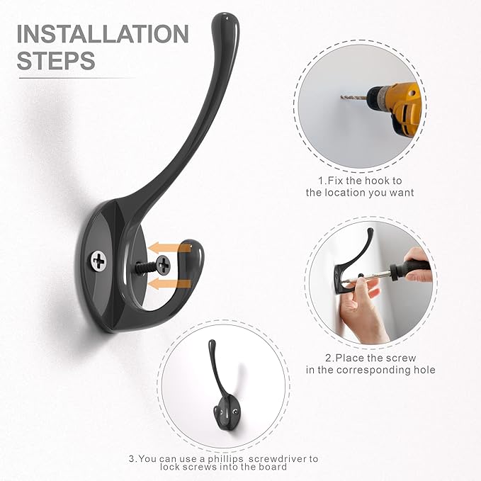 Heavy-Duty Metal Coat Hooks for Wall, 10-Pack Black Wall Mounted Hooks with 20 Screws, Double Robe Hooks for Coat, Hat, Robe, Towel, Entryway, Bathroom, Kitchen